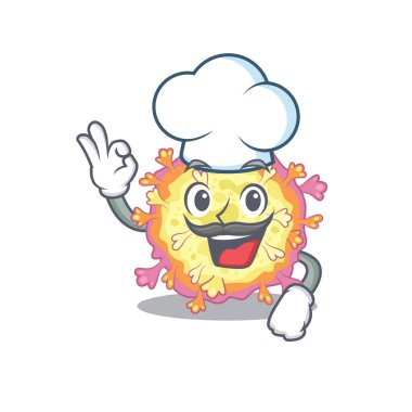 Beyaz şef şapkası takan sevimli koronaviridae virüsü çizgi film karakteri.