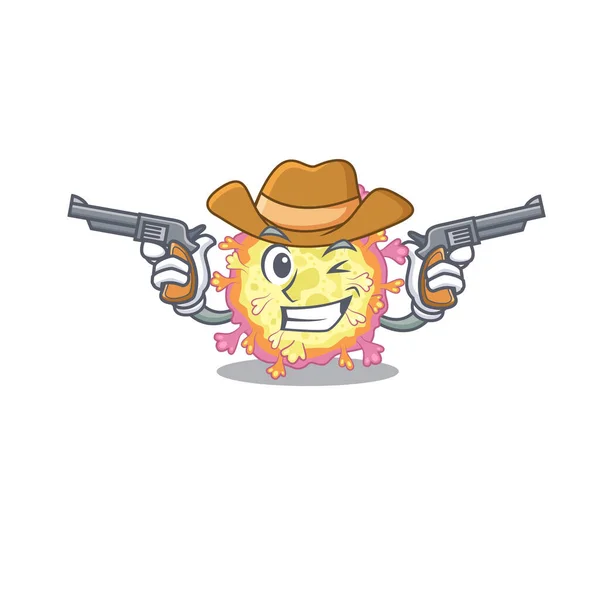 Drôle de virus coronaviridae comme un personnage de dessin animé cow-boy tenant des armes — Image vectorielle