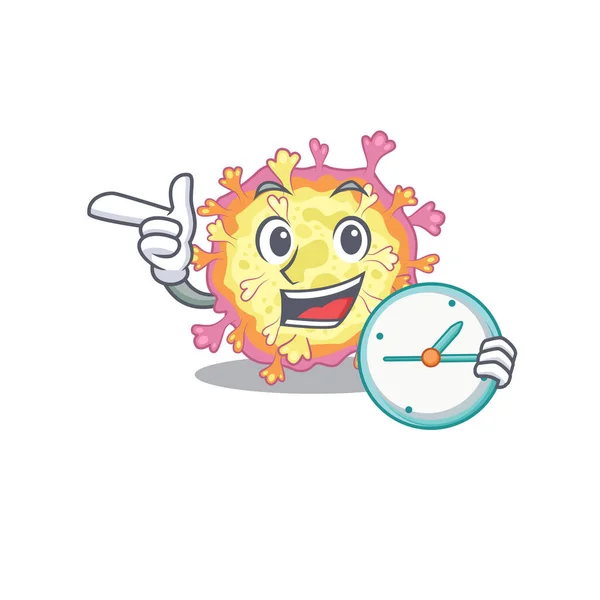 带时钟的科罗纳维达病毒卡通人物风格 — 图库矢量图片
