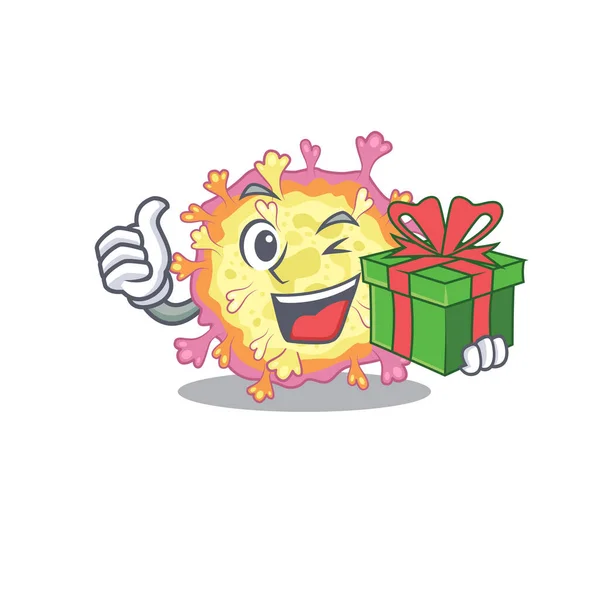 Smiley coronaviridae personaje de dibujos animados virus que tiene una caja de regalo — Vector de stock