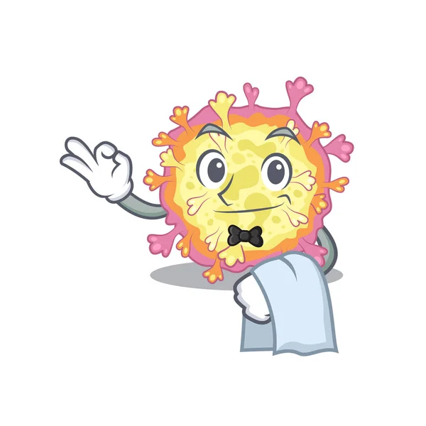 Un disegno del personaggio dei cartoni animati del virus coronaviridae che lavora come cameriere — Vettoriale Stock
