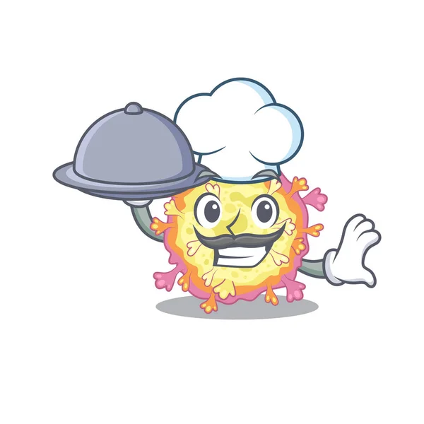 Virus Coronaviridae come personaggio dei cartoni animati chef con cibo sul vassoio — Vettoriale Stock