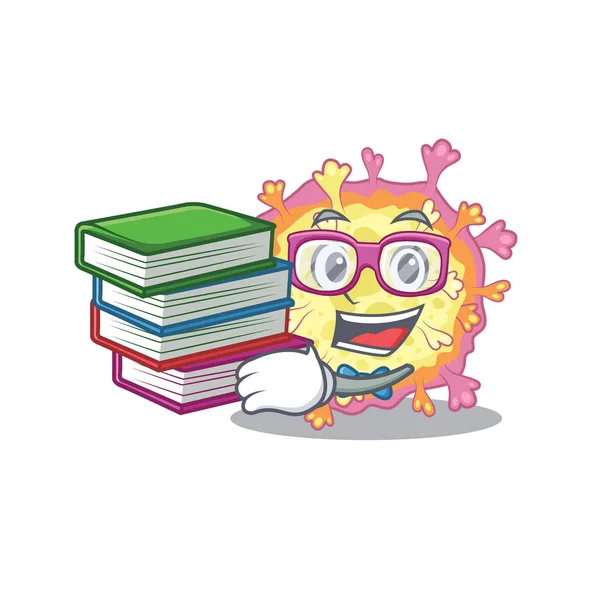 Uno studente diligente nella progettazione mascotte virus coronaviridae con libro — Vettoriale Stock