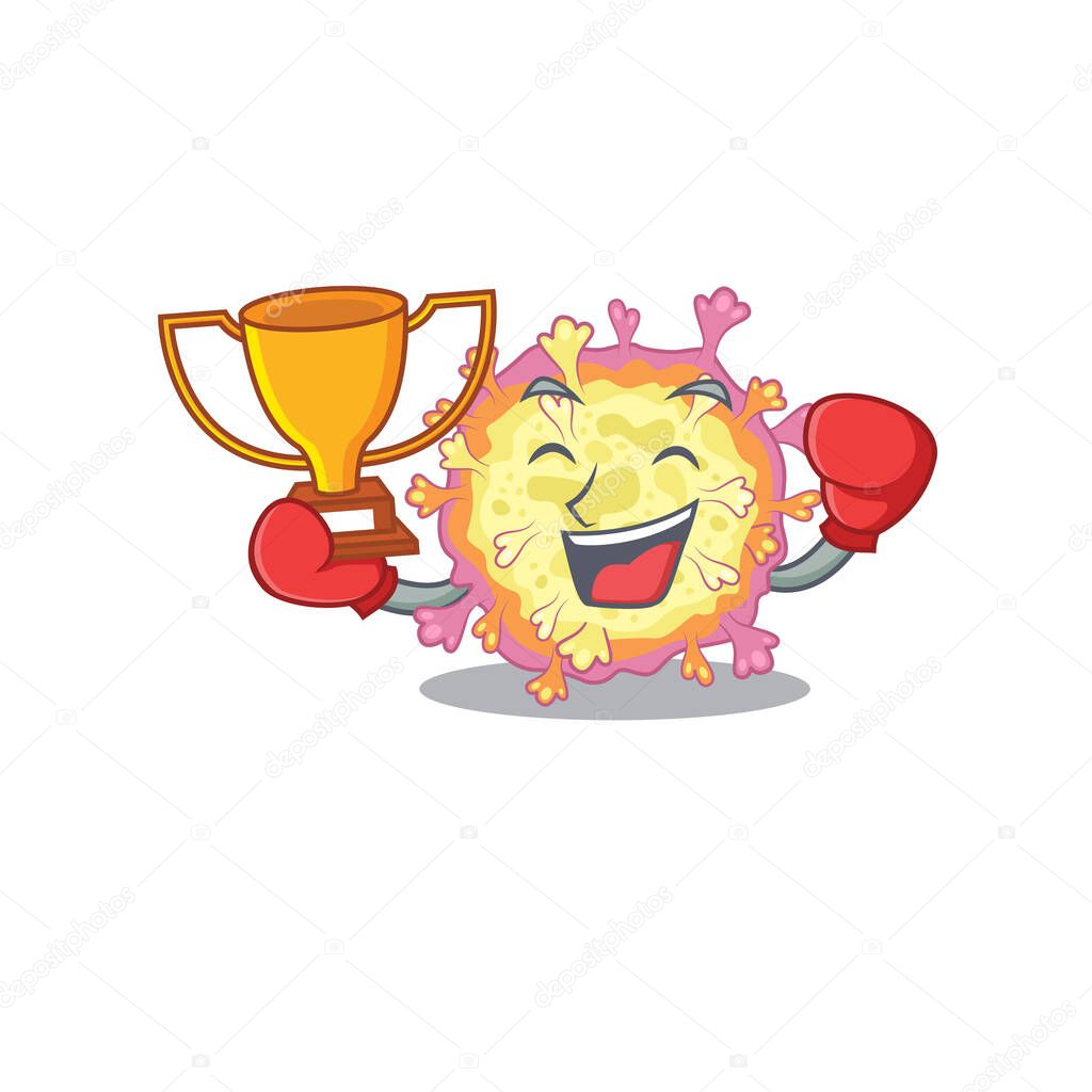 Happy face of boxing winner coronaviridae virus in mascot design style