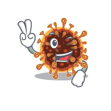 Neşeli gamma coronavirus maskotu tasarımı iki parmakla