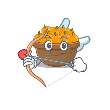 Turuncu meyve sepetinin romantik resmi Oklu ve kanatlı Cupid çizgi film karakteri