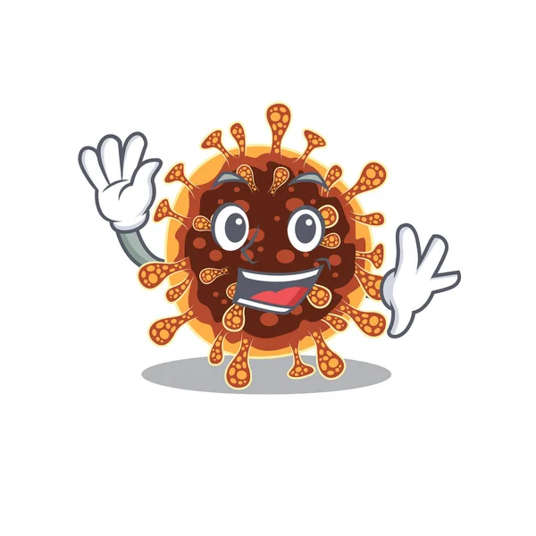 Smiley gama koronavirus karikatura maskot design s máváním rukou — Stockový vektor