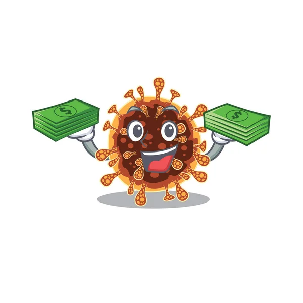 Happy face gamma coronavirus character having money on hands — Stock Vector