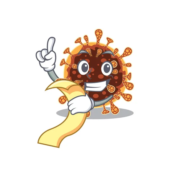 제공 할 준비가 된 메뉴를 들고 있는 감마 코로나 바이러스의 만화 캐릭터 — 스톡 벡터
