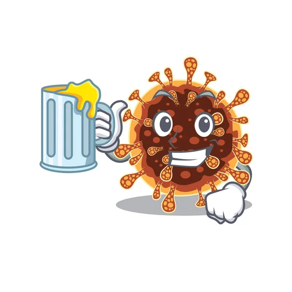 Cheerful gamma coronavirus mascot design with a glass of beer — Stock Vector