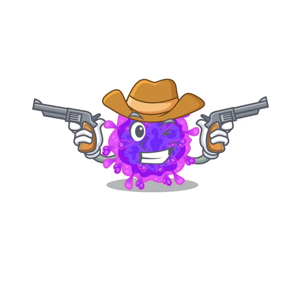 Funny alfa coronavirus como un personaje de dibujos animados vaquero sosteniendo armas — Vector de stock
