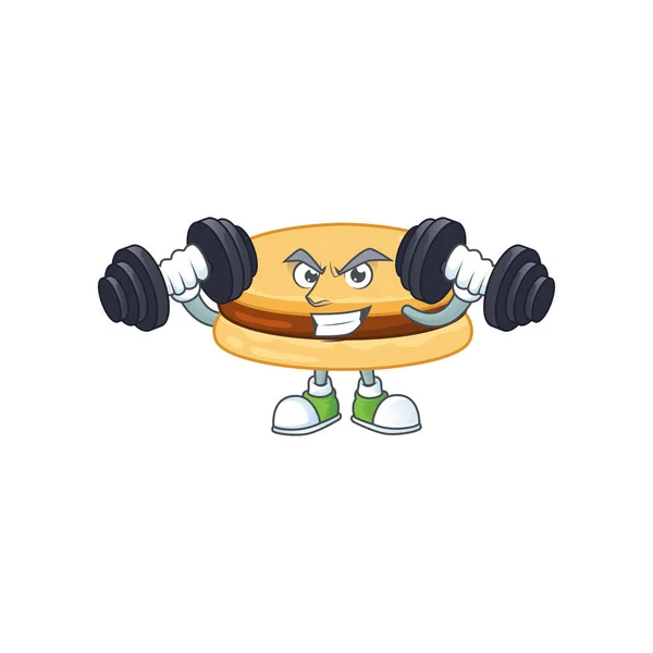 Mascot design of grinning Fitness exercise brown alfajor lift up barbells — Stock Vector