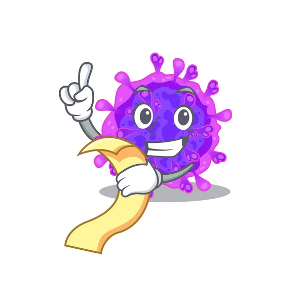 Cartoon character of alpha coronavirus holding menu ready to serve — Stock Vector