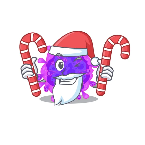 Coronavírus alfa amigável em personagem de Santa Cartoon ter doces — Vetor de Stock