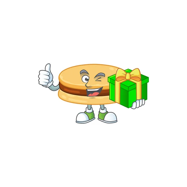 Fröhliche braune Alfajor-Cartoon-Figur mit einer Geschenkschachtel — Stockvektor