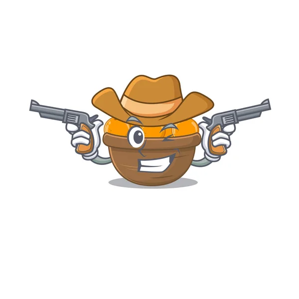 Cesta de frutas laranja engraçado como um personagem de desenho animado cowboy segurando armas —  Vetores de Stock