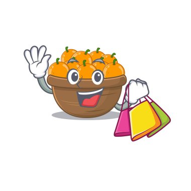 Mutlu turuncu meyve sepeti maskotu tasarımı el sallıyor ve alışveriş torbası tutuyor.
