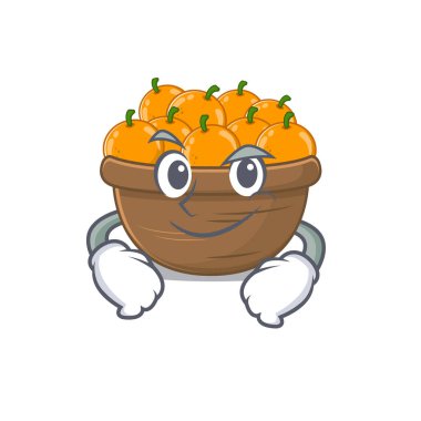 Komik turuncu meyve sepeti maskotu karakteri kendine güvenini gösteriyor.