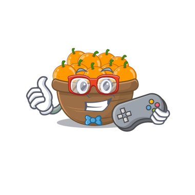 Turuncu meyve sepeti maskotu tasarım tarzında kontrollü havalı bir oyuncu