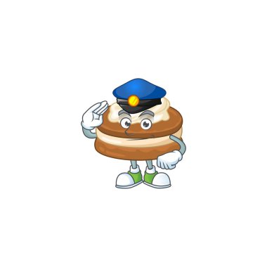 Polis memuru gibi giyinmiş beyaz kremalı bir çizgi film.