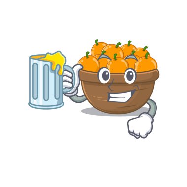 Neşeli turuncu meyve sepeti maskotu tasarımı ve bir bardak bira.