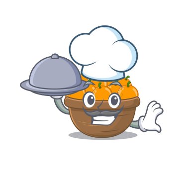 Şef çizgi film karakteri olarak portakal renkli meyve sepeti ve tepside yemek.