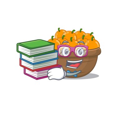 Turuncu meyve sepeti maskotu tasarımlı çalışkan bir öğrenci.