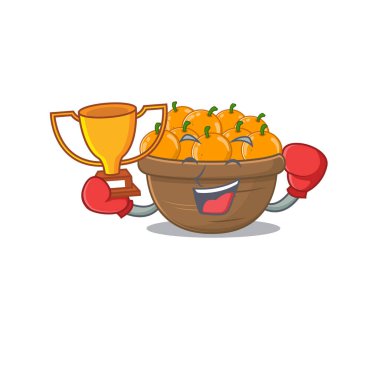 Turuncu meyve sepetinin mutlu yüzü maskot tasarımı tarzında.