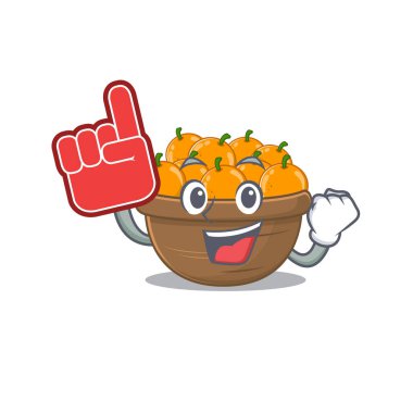 Köpük parmaklı turuncu meyve sepeti maskot tarzı.