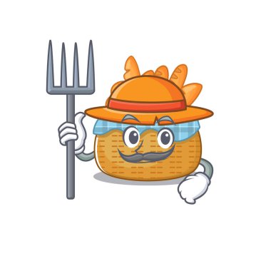 Çiftçi çizgi filminde şapka ve dirgenli ekmek sepeti.