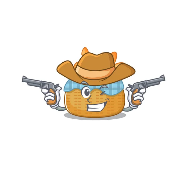 Vtipný košík chleba jako kovboj kreslený postava drží zbraně — Stockový vektor