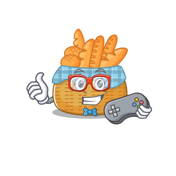 Gamer legal de estilo de design mascote de cesta de pão com controlador — Vetor de Stock