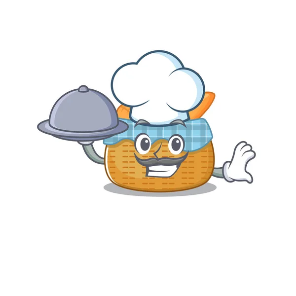 Cesta de pão como um personagem de desenho animado chef com comida na bandeja — Vetor de Stock