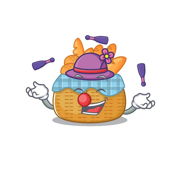 Uma cesta de pão doce mascote estilo cartoon jogando malabarismo — Vetor de Stock