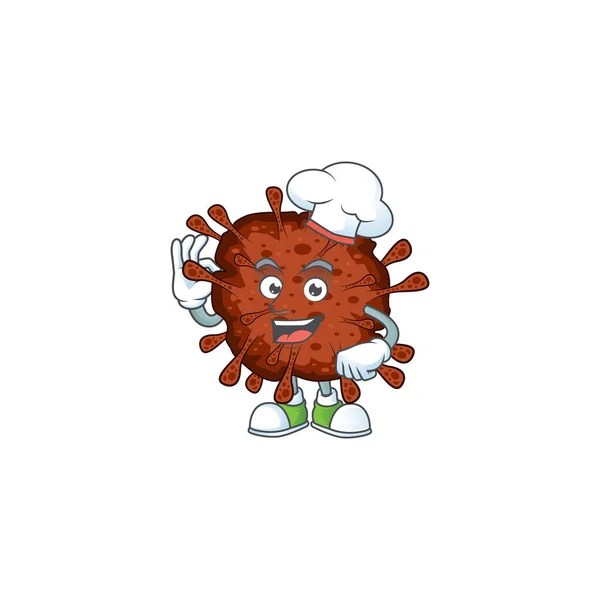 Uma imagem da infecção coronavírus personagem dos desenhos animados vestindo chapéu de chef branco — Vetor de Stock