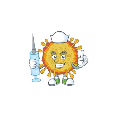 Şırınga kullanarak Coronavirus maskot tasarımı yapan hoş bir hemşire.
