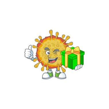 Neşeli salgınlar Coronavirus çizgi film karakteri bir hediye kutusu tutuyor.