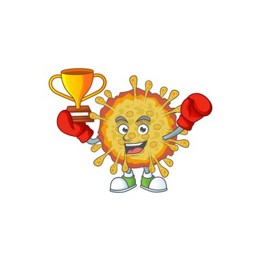 Boks şampiyonunun mutlu yüzü maskot tasarımı tarzında koronavirüs salgını başlattı