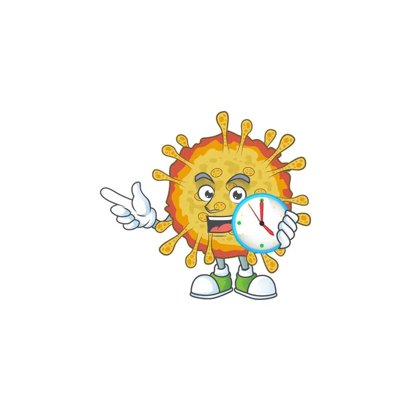 Karikatür karakteri tarzı neşeli salgınlar Coronavirus ile saat — Stok Vektör