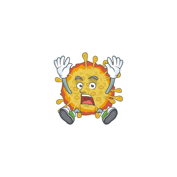 Um deslumbrante surtos coronavírus personagem de desenho animado com rosto feliz — Vetor de Stock