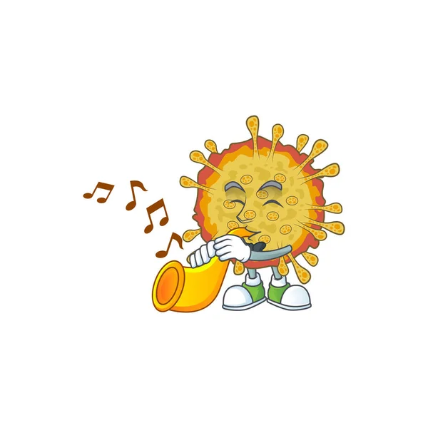 Surtos coronavírus personagem dos desenhos animados tocando música com um trompete — Vetor de Stock