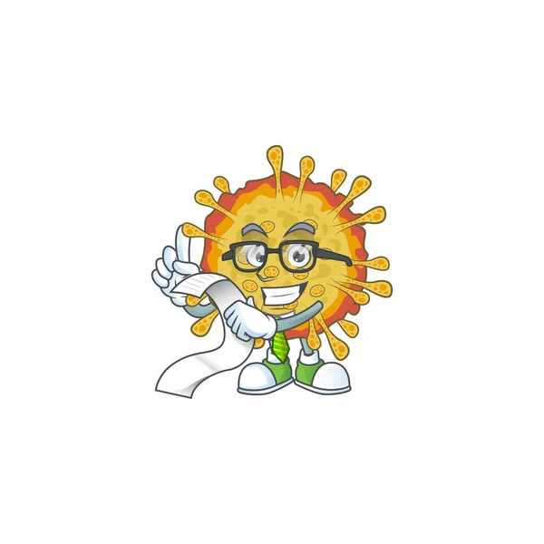 Χαρακτήρα κινουμένων σχεδίων της ξεσπάσματα coronavirus κρατώντας μενού στο χέρι του — Διανυσματικό Αρχείο