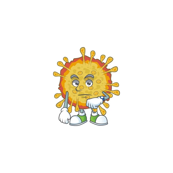 Um ícone de desenhos animados de surtos coronavírus com gesto de espera — Vetor de Stock