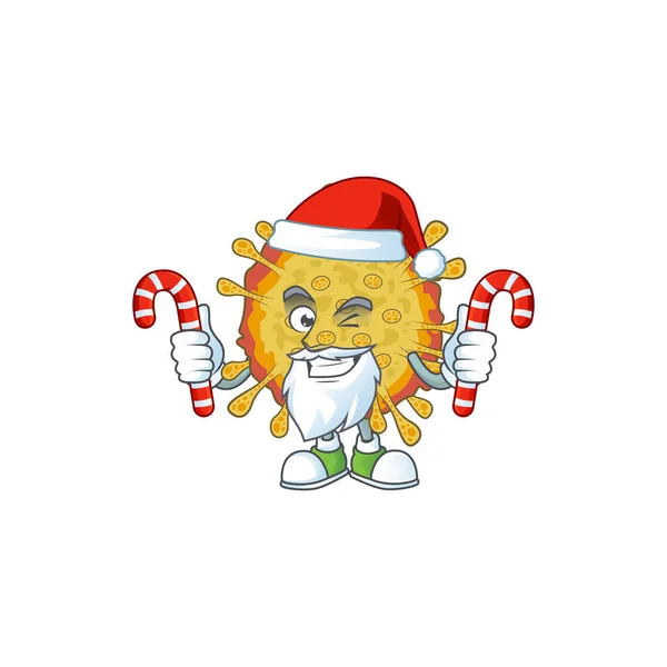 Vriendelijke uitbraken coronavirus in Santa Cartoon karakter met snoepjes — Stockvector