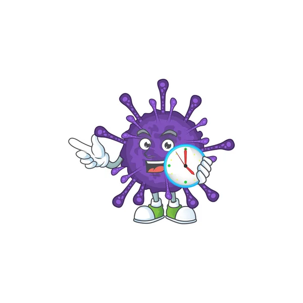 Cartoon character style of cheerful coronavirinae with clock — Stock Vector