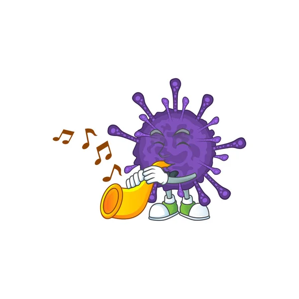 Coronavirinae cartoon character playing music with a trumpet — Stock Vector