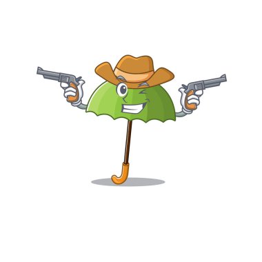 Komik yeşil şemsiye, elinde silah tutan kovboy çizgi film karakteri.