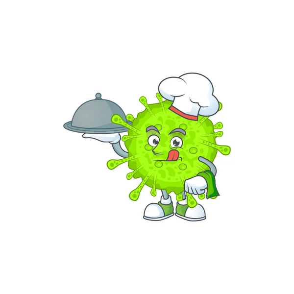 Chef personaje de dibujos animados de orthocoronavirinae con comida en bandeja — Vector de stock