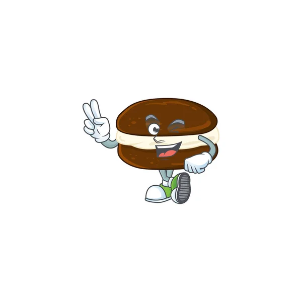 Um alegre whoopie tortas mascote design mostrando seus dois dedos — Vetor de Stock