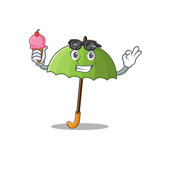 Personaje de dibujos animados de paraguas verde sosteniendo un helado — Archivo Imágenes Vectoriales